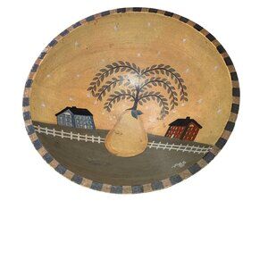 Primitive Wooden Painted Bowl Americana Folk Art 12" diameter and 3.5" deep.